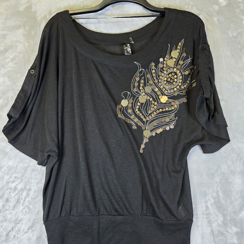 Love Tree Womens Blouse Small Black Gold Metal Peacock Feather Detail